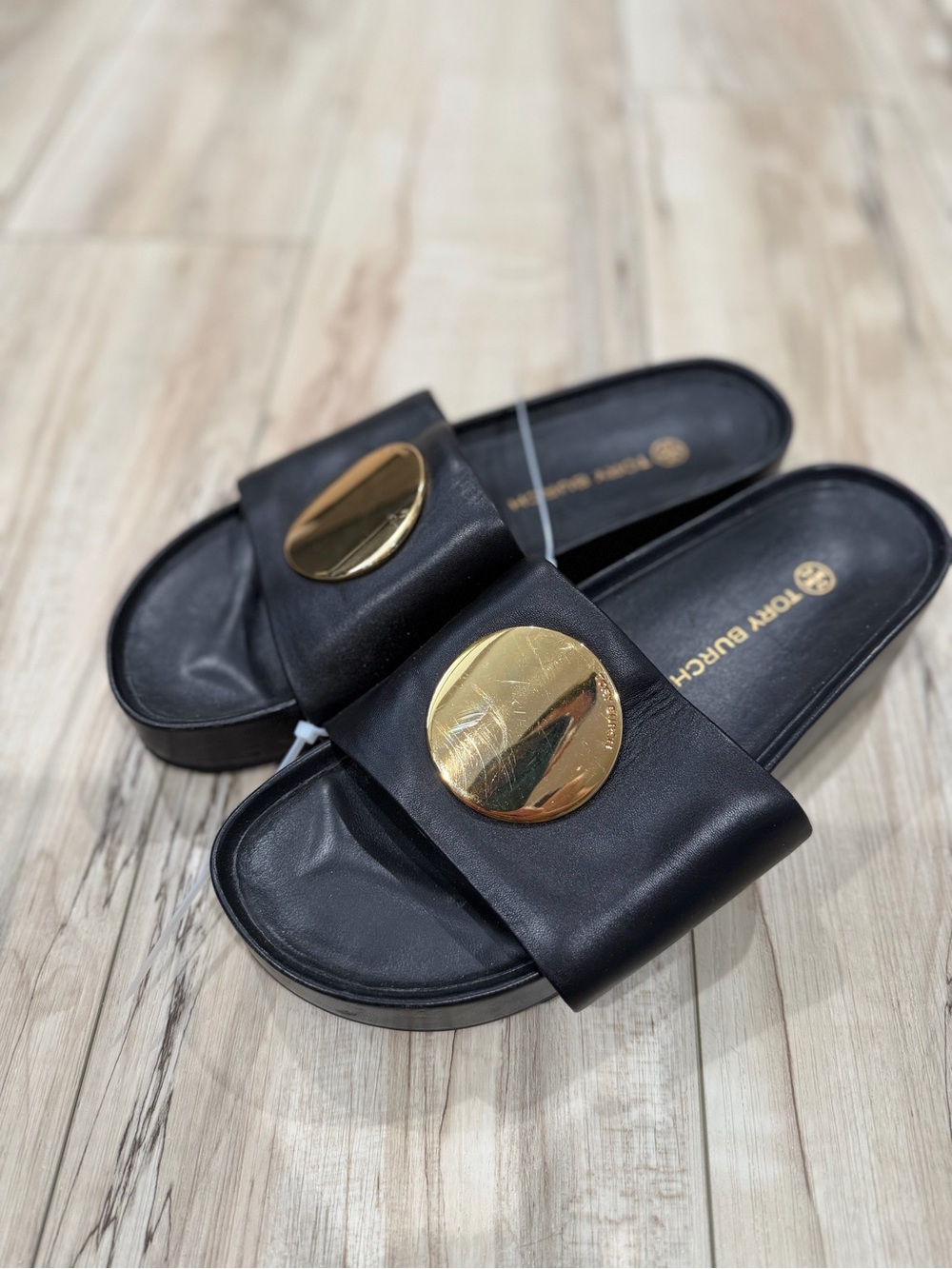 Tory Burch Black Leather Slide Sandals with Gold Disc
